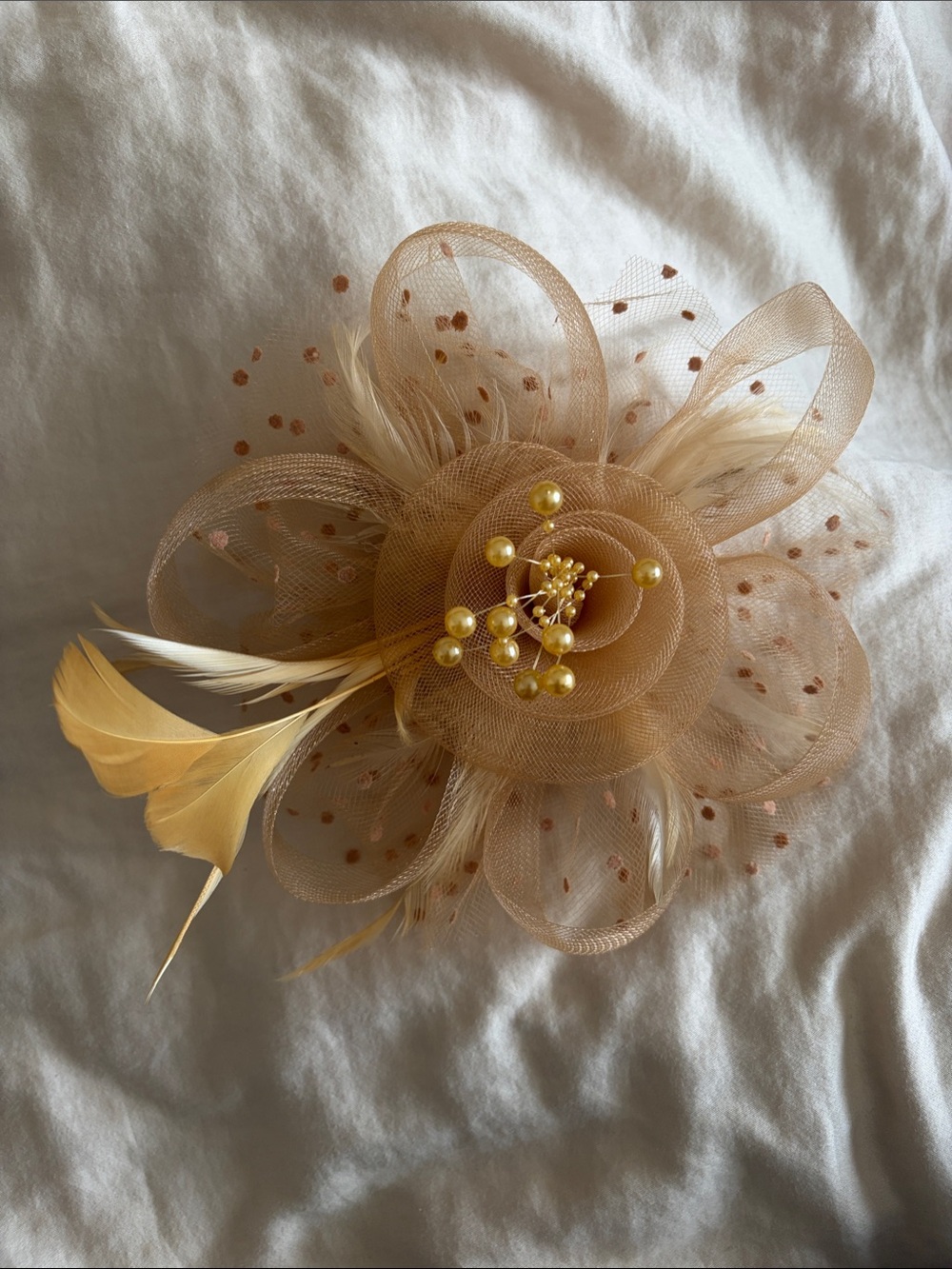 Beige Floral Feather Fascinator Hair Clip - Women Accessories